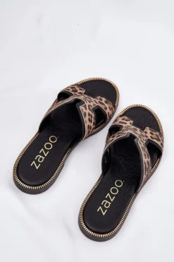 Skórzane Płaskie Klapki W Panterkę Zazoo 40383 Czarne