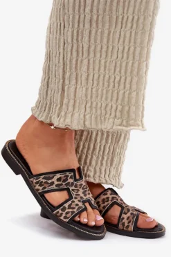 Skórzane Płaskie Klapki W Panterkę Zazoo 40383 Czarne