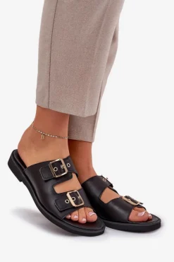 Skórzane Płaskie Klapki Z Klamrami Zazoo 3020 Czarne