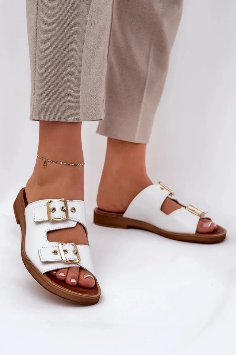 Skórzane Płaskie Klapki Z Klamrami Zazoo 3020 Białe