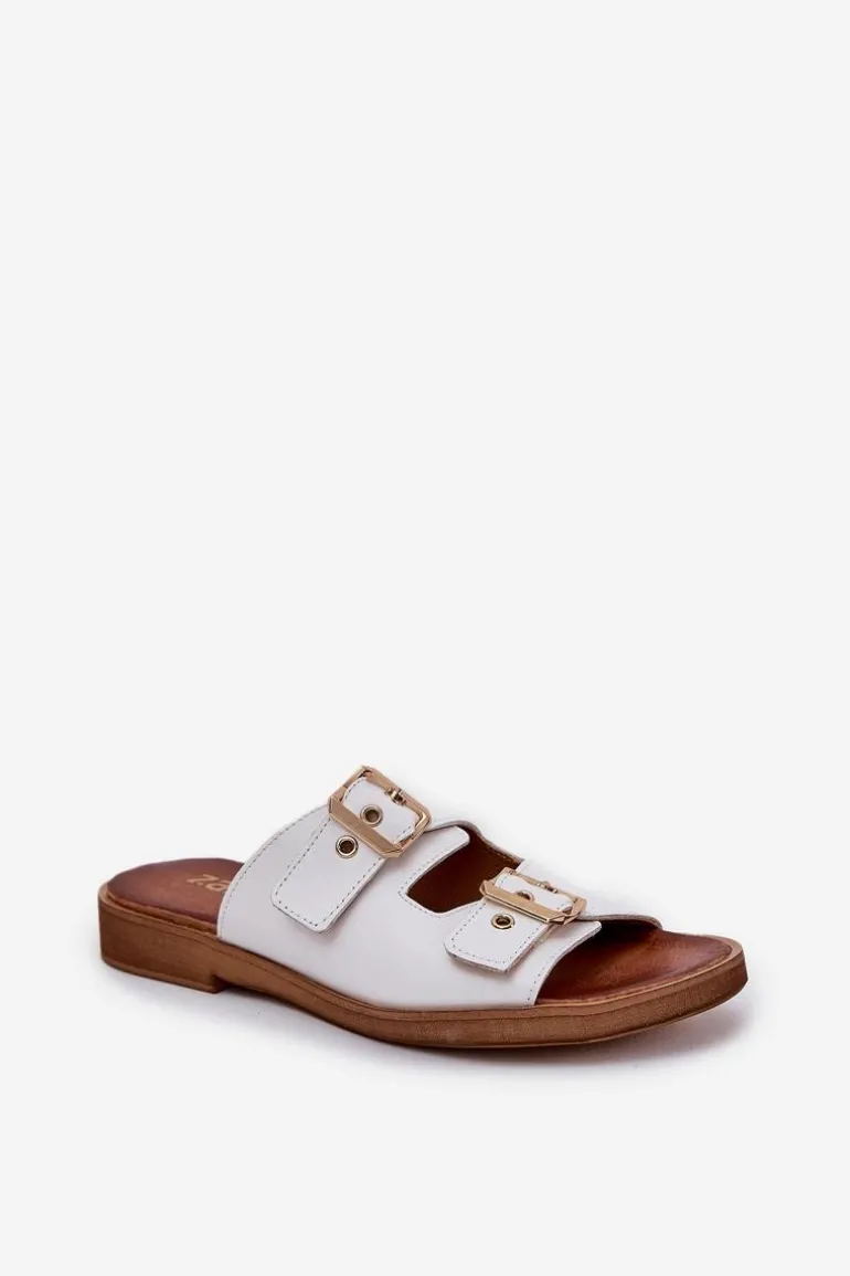 Skórzane Płaskie Klapki Z Klamrami Zazoo 3020 Białe