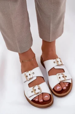 Skórzane Płaskie Klapki Z Klamrami Zazoo 3020 Białe