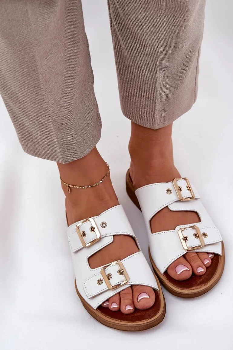 Skórzane Płaskie Klapki Z Klamrami Zazoo 3020 Białe