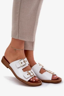 Skórzane Płaskie Klapki Z Klamrami Zazoo 3020 Białe