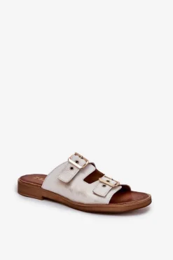 Skórzane Płaskie Klapki Z Klamrami Zazoo 3020 Złoty Przecierany