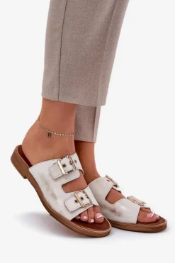 Skórzane Płaskie Klapki Z Klamrami Zazoo 3020 Złoty Przecierany