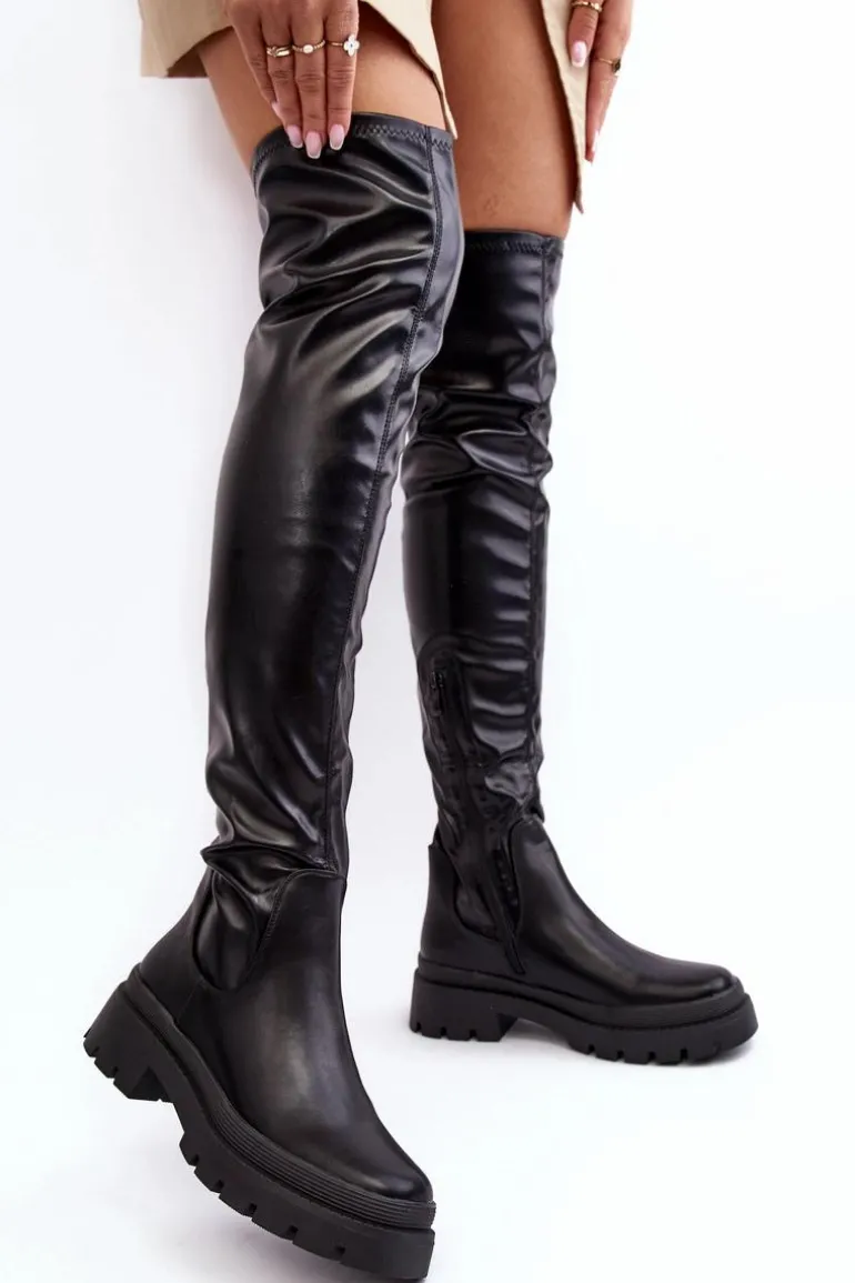 Skórzane Płaskie Kozaki Za Kolano Czarne Lilien