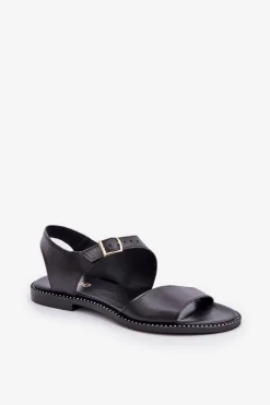 Skórzane Płaskie Sandały Damskie Zazoo 3014 Czarne