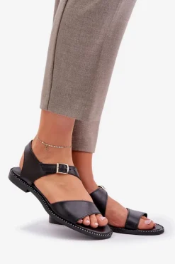 Skórzane Płaskie Sandały Damskie Zazoo 3014 Czarne