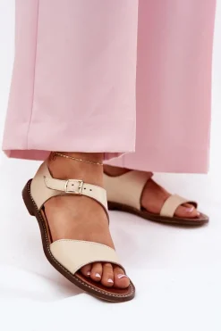 Skórzane Płaskie Sandały Damskie Zazoo 3014 Beżowe