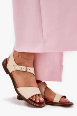 Skórzane Płaskie Sandały Damskie Zazoo 3014 Beżowe