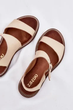 Skórzane Płaskie Sandały Damskie Zazoo 3014 Beżowe