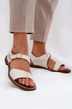 Skórzane Płaskie Sandały Damskie Zazoo 3014 Złoty Przecierany