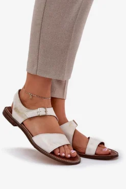 Skórzane Płaskie Sandały Damskie Zazoo 3014 Złoty Przecierany