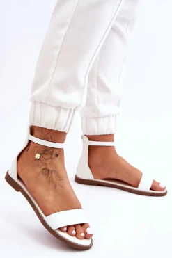 Skórzane Płaskie Sandały Na Zamek Białe Millou