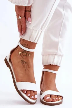 Skórzane Płaskie Sandały Na Zamek Białe Millou