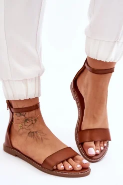 Skórzane Płaskie Sandały Na Zamek Brązowe Millou