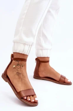 Skórzane Płaskie Sandały Na Zamek Brązowe Millou