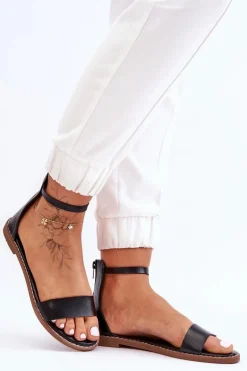 Skórzane Płaskie Sandały Na Zamek Czarne Millou