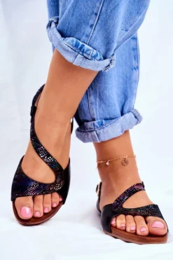 Skórzane Płaskie Sandały S.Barski Czarne