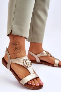 Skórzane Płaskie Sandały S.Barski KV-5541-32 Złote