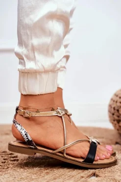 Skórzane Płaskie Sandały S.Barski LJ281 Czarno-Złote