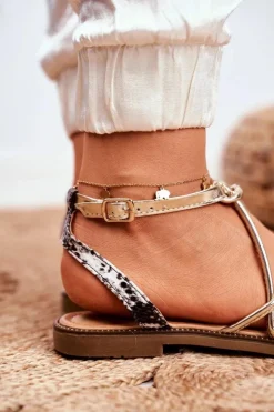 Skórzane Płaskie Sandały S.Barski LJ281 Czarno-Złote