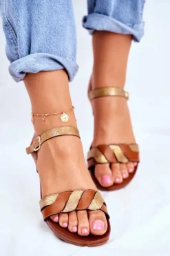 Skórzane Płaskie Sandały S.Barski Brązowo-Złote