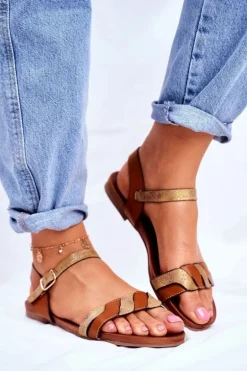 Skórzane Płaskie Sandały S.Barski Brązowo-Złote