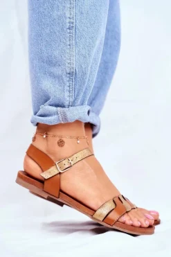 Skórzane Płaskie Sandały S.Barski Brązowo-Złote