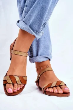Skórzane Płaskie Sandały S.Barski Brązowo-Złote
