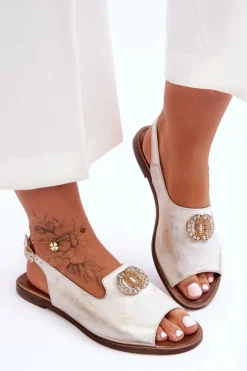 Skórzane Płaskie Sandały Z Ozdobą Nicole 2744/004 Biało-Złote