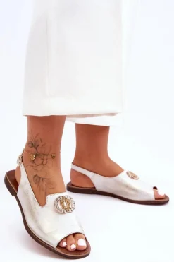 Skórzane Płaskie Sandały Z Ozdobą Nicole 2744/004 Biało-Złote