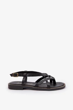 Skórzane Płaskie Sandały Z Przeplatającymi Się Paseczkami Zazoo 40429 Czarne