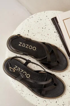 Skórzane Płaskie Sandały Z Przeplatającymi Się Paseczkami Zazoo 40429 Czarne