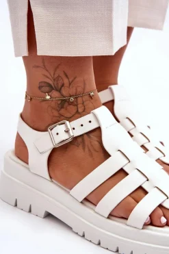 Skórzane Płaskie Sandały Z Paseczkami Białe Diosa