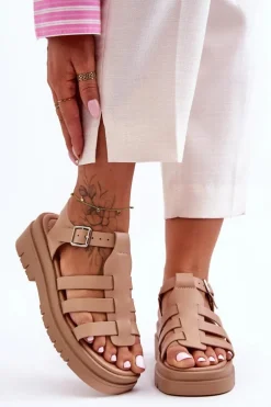 Skórzane Płaskie Sandały Z Paseczkami Beżowe Diosa