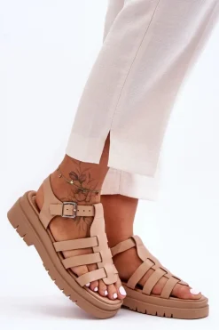 Skórzane Płaskie Sandały Z Paseczkami Beżowe Diosa