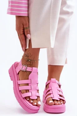 Skórzane Płaskie Sandały Z Paseczkami Różowe Diosa