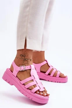 Skórzane Płaskie Sandały Z Paseczkami Różowe Diosa