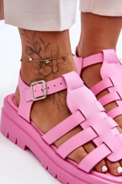 Skórzane Płaskie Sandały Z Paseczkami Różowe Diosa
