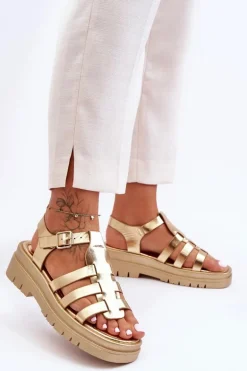 Skórzane Płaskie Sandały Z Paseczkami Złote Diosa