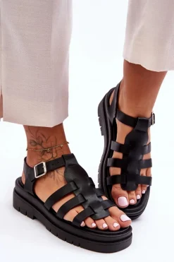 Skórzane Płaskie Sandały Z Paseczkami Czarne Diosa