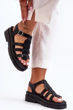 Skórzane Płaskie Sandały Z Paseczkami Czarne Diosa
