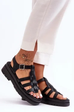Skórzane Płaskie Sandały Z Paseczkami Czarne Diosa