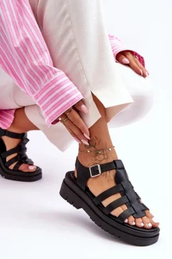 Skórzane Płaskie Sandały Z Paseczkami Czarne Diosa