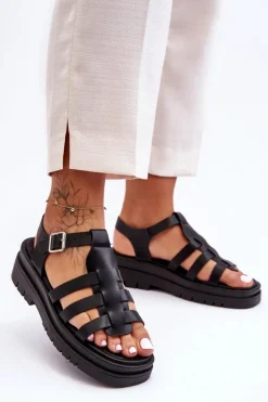 Skórzane Płaskie Sandały Z Paseczkami Czarne Diosa