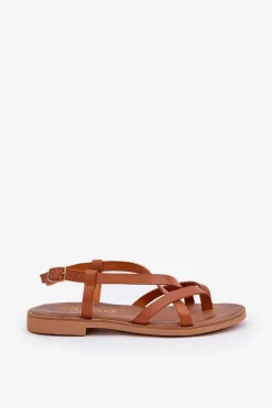Skórzane Płaskie Sandały Z Przeplatającymi Się Paseczkami Zazoo 40429 Brązowe