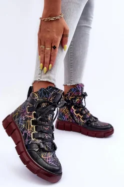 Skórzane Płaskie Sznurowane Botki Maciejka 06158-01 Czarne