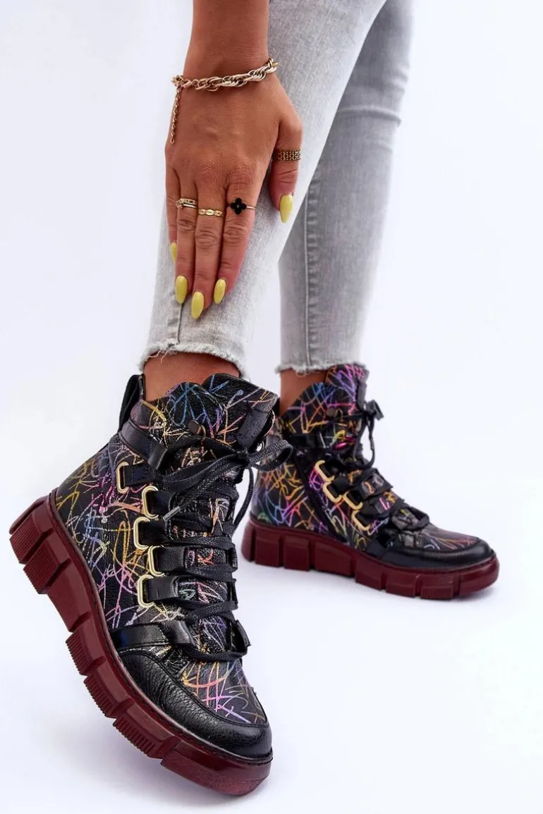 Skórzane Płaskie Sznurowane Botki Maciejka 06158-01 Czarne